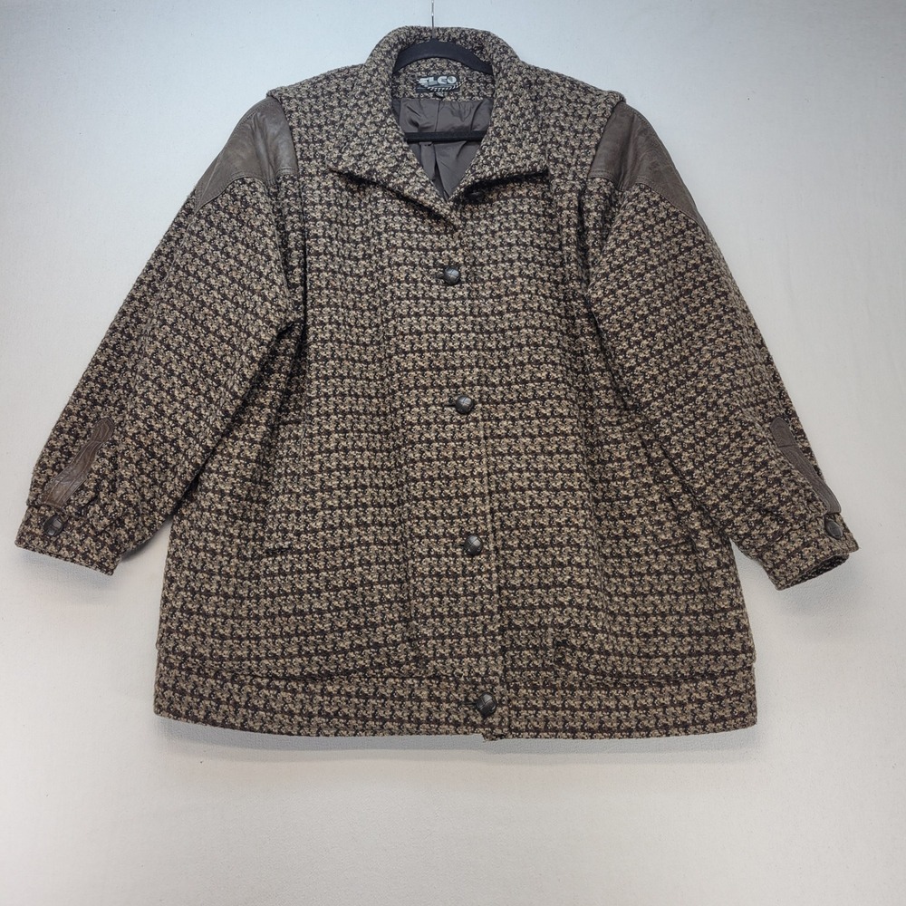ELCO Tweed Coat‎ Women 22W Brown Wool Blend Leather Trim Button Front Jacket